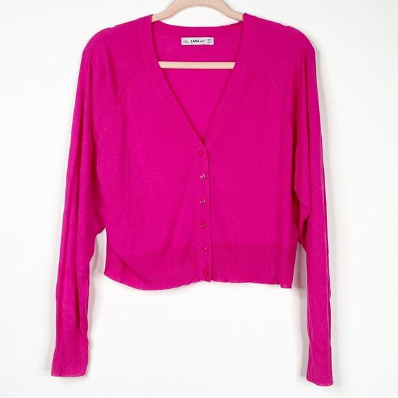 2/$30 ZARA V-Neck Crop Cardigan Small Fuchsia Button Front Long Sleeve #6096 - Picture 3 of 13